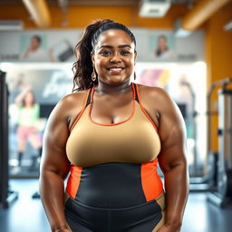 A beautiful Javanese plus-size mom confidently wearing a vibrant, form-fitting gym suit that accentuates her curves
