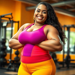 A beautiful Javanese plus-size mom confidently wearing a vibrant, form-fitting gym suit that accentuates her curves