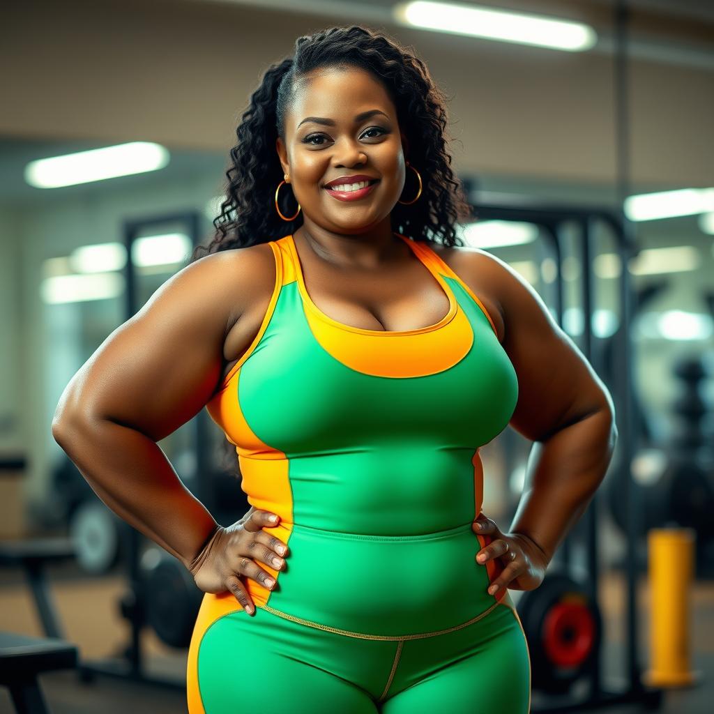 A beautiful Javanese plus-size mom confidently wearing a vibrant, form-fitting gym suit that accentuates her curves
