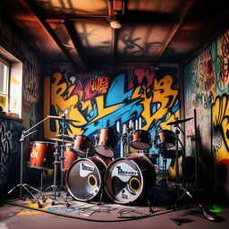 Create a cool rock band practicing in a grungy garage with drums, electric guitars, and a cool graffiti backdrop.