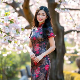 An elegant Asian woman wearing a traditional silk cheongsam dress with intricate floral patterns, standing gracefully in a serene garden