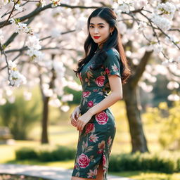 An elegant Asian woman wearing a traditional silk cheongsam dress with intricate floral patterns, standing gracefully in a serene garden