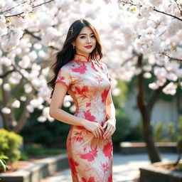 An elegant Asian woman wearing a traditional silk cheongsam dress with intricate floral patterns, standing gracefully in a serene garden