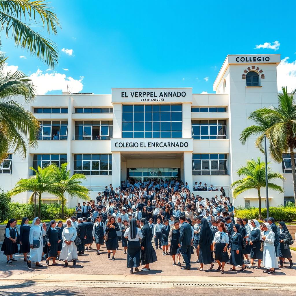 A large, impressive school building named 'Colegio El Verbo Encarnado', featuring a chapel annex