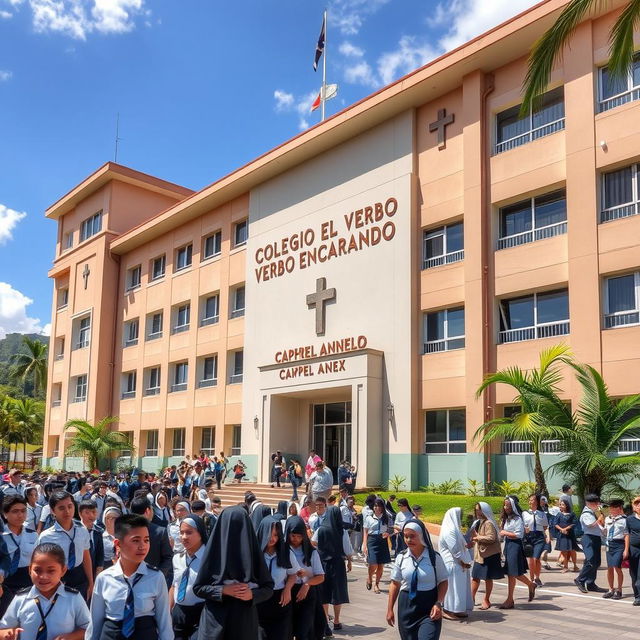 A large, impressive school building named 'Colegio El Verbo Encarnado', featuring a chapel annex