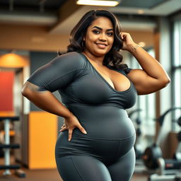 A beautiful Javanese plus-size mother wearing a stylish, hot gym suit that emphasizes her curves
