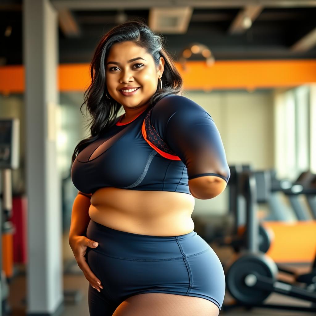 A beautiful Javanese plus-size mother wearing a stylish, hot gym suit that emphasizes her curves