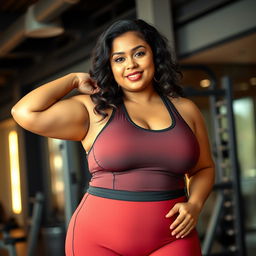 A beautiful Javanese plus-size mother wearing a stylish, hot gym suit that emphasizes her curves