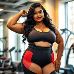 A beautiful Javanese plus-size mother wearing a stylish, hot gym suit that emphasizes her curves