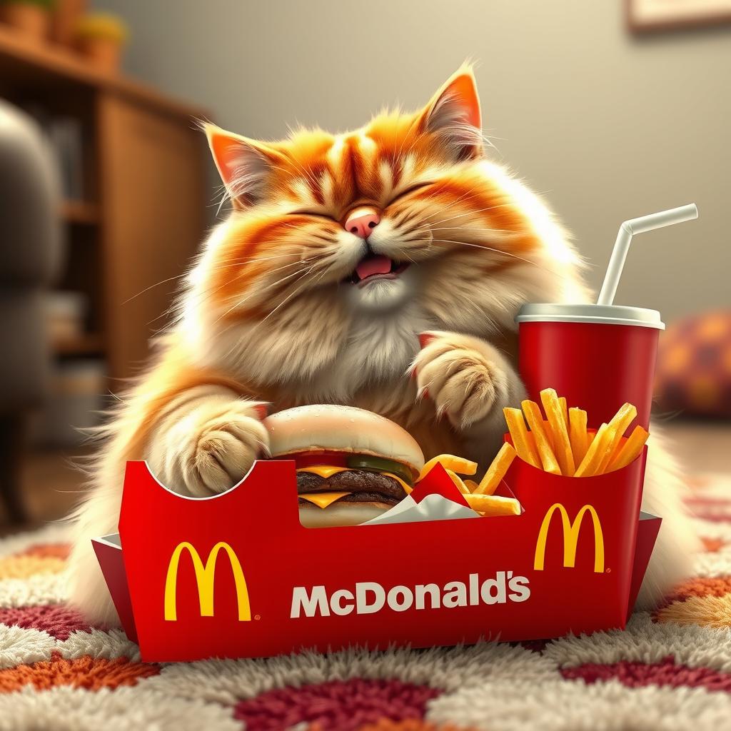 A plump, fluffy cat happily munching on a McDonald's meal, surrounded by the iconic red and yellow branding