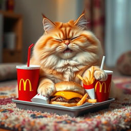A plump, fluffy cat happily munching on a McDonald's meal, surrounded by the iconic red and yellow branding
