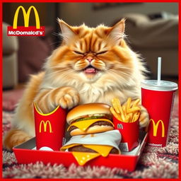 A plump, fluffy cat happily munching on a McDonald's meal, surrounded by the iconic red and yellow branding