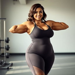 A Javanese plus size mom confidently wearing a stylish hot gym suit that accentuates her curves
