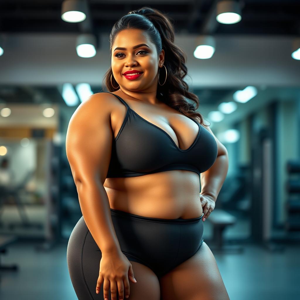 A Javanese plus size mom confidently wearing a stylish hot gym suit that accentuates her curves