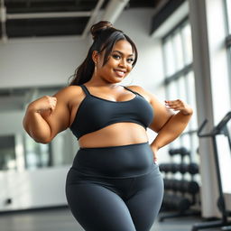 A Javanese plus size mom confidently wearing a stylish hot gym suit that accentuates her curves