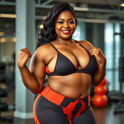A Javanese plus size mom confidently wearing a stylish hot gym suit that accentuates her curves