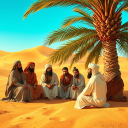 A captivating scene set in an ancient Arab landscape, depicting the Prophet Muhammad and his companions seated together under the shade of a palm tree