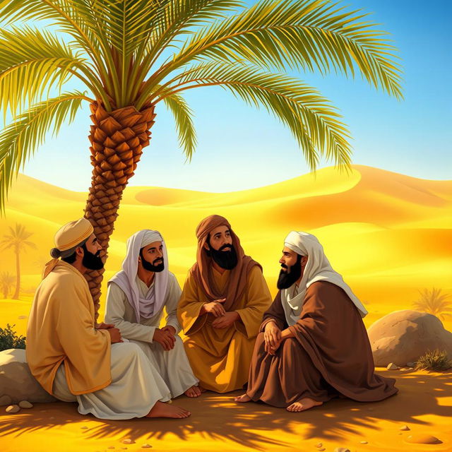 A captivating scene set in an ancient Arab landscape, depicting the Prophet Muhammad and his companions seated together under the shade of a palm tree