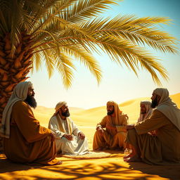 A captivating scene set in an ancient Arab landscape, depicting the Prophet Muhammad and his companions seated together under the shade of a palm tree