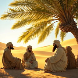 A captivating scene set in an ancient Arab landscape, depicting the Prophet Muhammad and his companions seated together under the shade of a palm tree