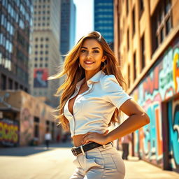 A stunning, confident woman posing in a chic urban setting, wearing a fashionable outfit that showcases her style