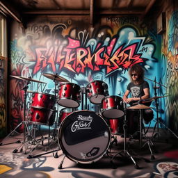 Create a cool rock band practicing in a grungy garage with drums, electric guitars, and a cool graffiti backdrop.