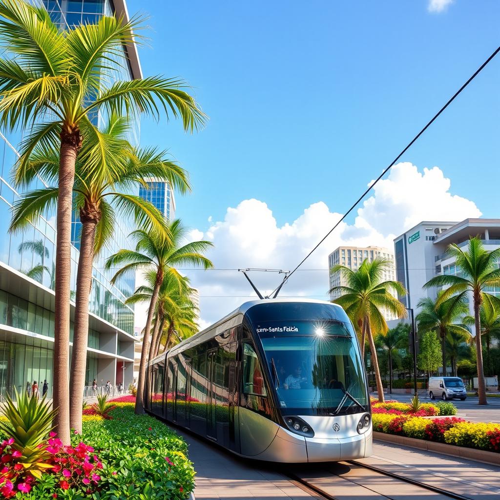 A modern tram labeled 'Cerro-Santa Felicia', smoothly gliding through a vibrant tropical city