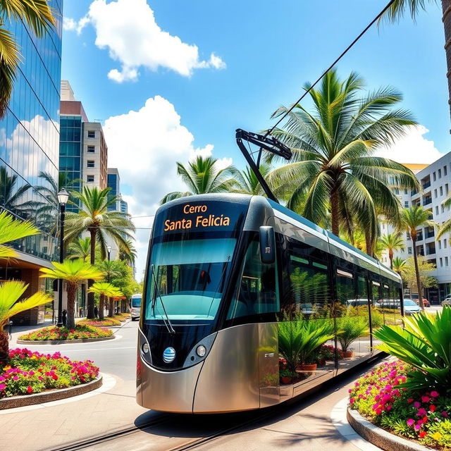 A modern tram labeled 'Cerro-Santa Felicia', smoothly gliding through a vibrant tropical city