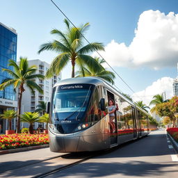 A modern tram labeled 'Cerro-Santa Felicia', smoothly gliding through a vibrant tropical city