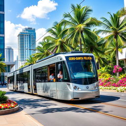 A modern tram labeled 'Cerro-Santa Felicia', smoothly gliding through a vibrant tropical city