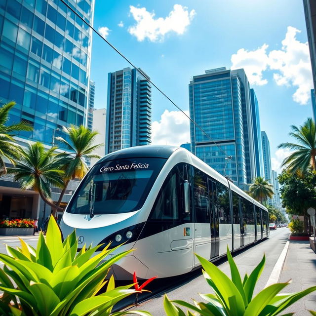 A modern tram labeled 'Cerro-Santa Felicia', elegantly navigating through a lively tropical city