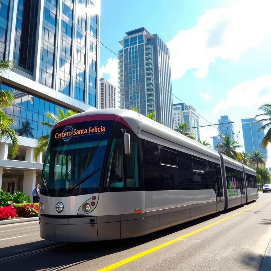 A modern tram labeled 'Cerro-Santa Felicia', elegantly navigating through a lively tropical city