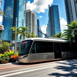A modern tram labeled 'Cerro-Santa Felicia', elegantly navigating through a lively tropical city