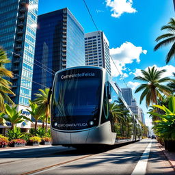 A modern tram labeled 'Cerro-Santa Felicia', elegantly navigating through a lively tropical city