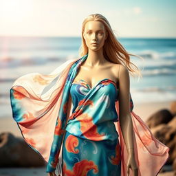 A female mannequin dressed in a beautiful ocean-themed outfit, featuring vibrant colors and patterns reflecting the sea, with flowing drapes that mimic ocean waves