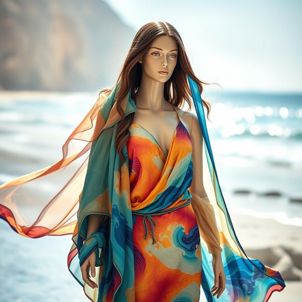 A female mannequin dressed in a beautiful ocean-themed outfit, featuring vibrant colors and patterns reflecting the sea, with flowing drapes that mimic ocean waves