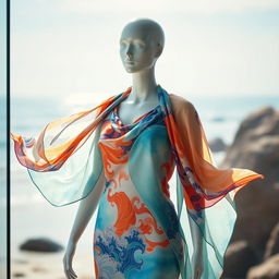 A female mannequin dressed in a beautiful ocean-themed outfit, featuring vibrant colors and patterns reflecting the sea, with flowing drapes that mimic ocean waves