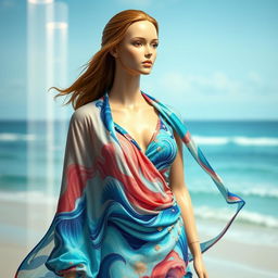 A female mannequin dressed in a beautiful ocean-themed outfit, featuring vibrant colors and patterns reflecting the sea, with flowing drapes that mimic ocean waves