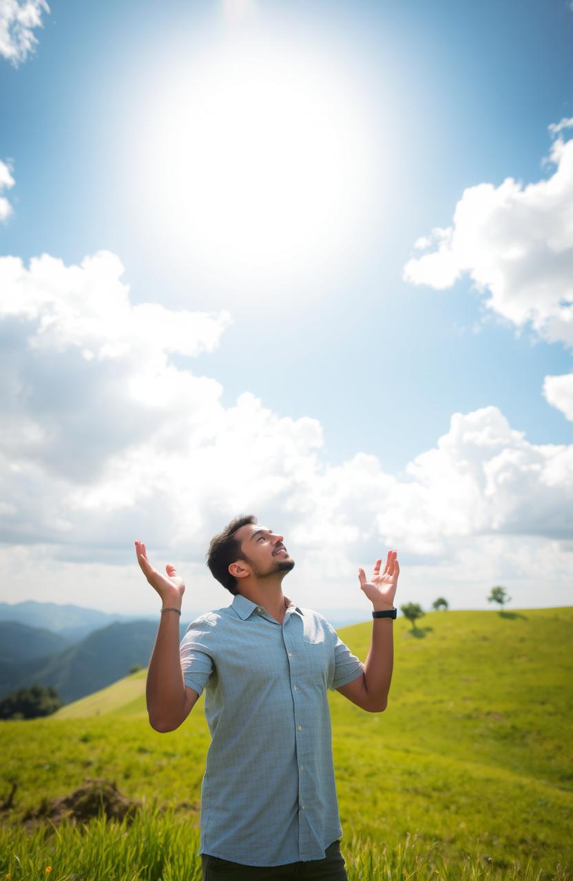 A man standing on a lush green hill, gazing up at a vast, bright blue sky filled with fluffy white clouds