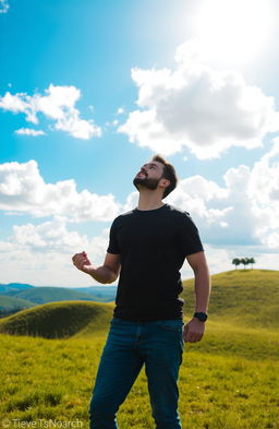 A man standing on a lush green hill, gazing up at a vast, bright blue sky filled with fluffy white clouds