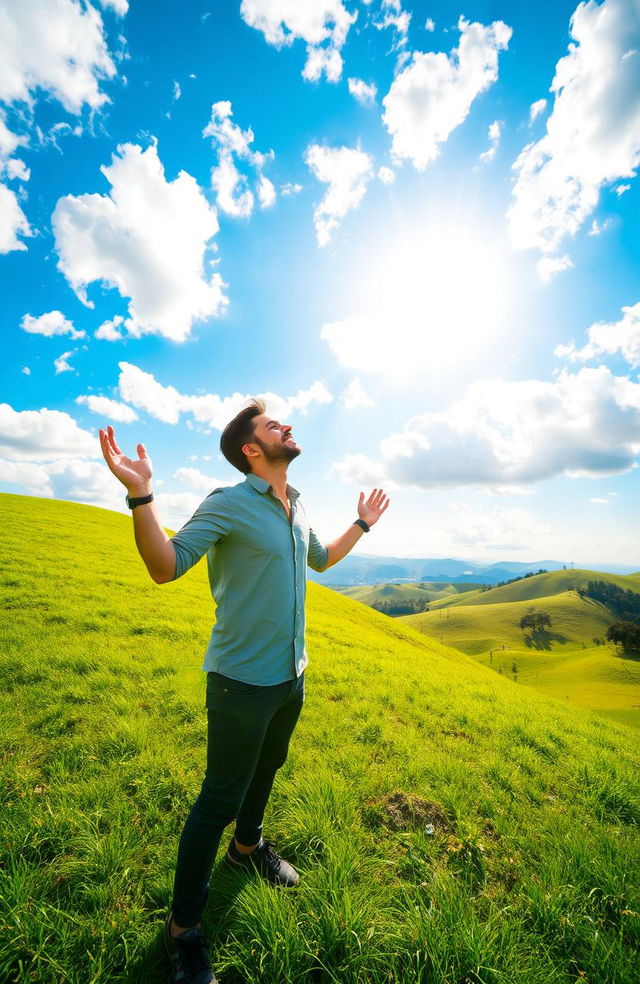 A man standing on a lush green hill, gazing up at a vast, bright blue sky filled with fluffy white clouds