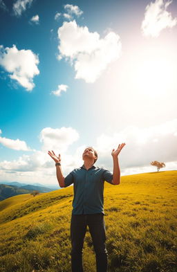 A man standing on a lush green hill, gazing up at a vast, bright blue sky filled with fluffy white clouds