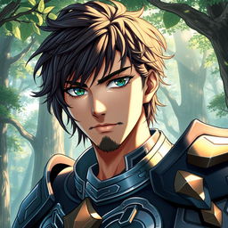 An engaging light novel cover showcasing a male character with shaggy dark-brown hair that elegantly falls across his face, lending a rugged and adventurous appearance