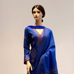 A beautiful female mannequin dressed in traditional attire with a blue theme