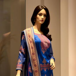 A beautiful female mannequin dressed in traditional attire with a blue theme