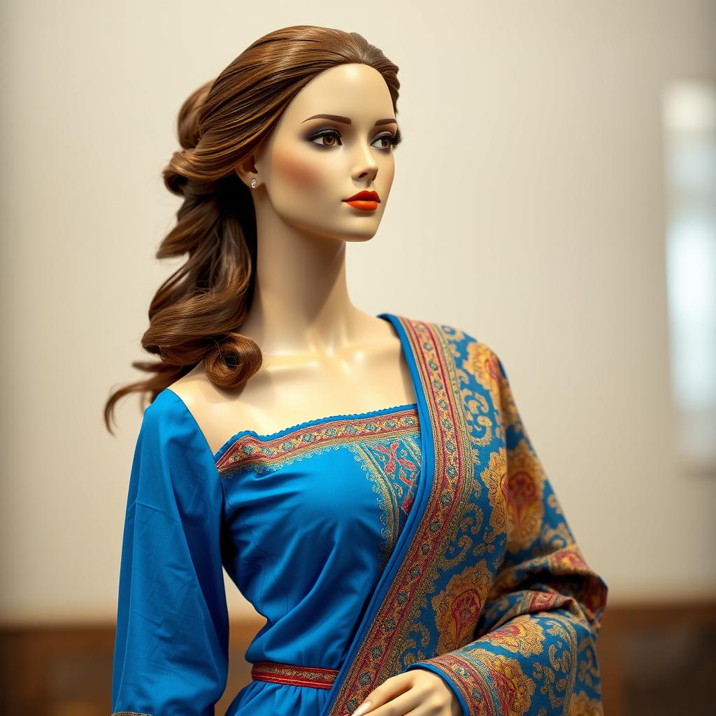A beautiful female mannequin dressed in traditional attire with a blue theme