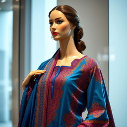 A beautiful female mannequin dressed in traditional attire with a blue theme