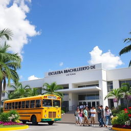 A modern high school building with a sign that reads 'Escuela de Bachillerato de Las Tunas' in a vibrant tropical city setting