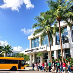 A modern high school building with a sign that reads 'Escuela de Bachillerato de Las Tunas' in a vibrant tropical city setting