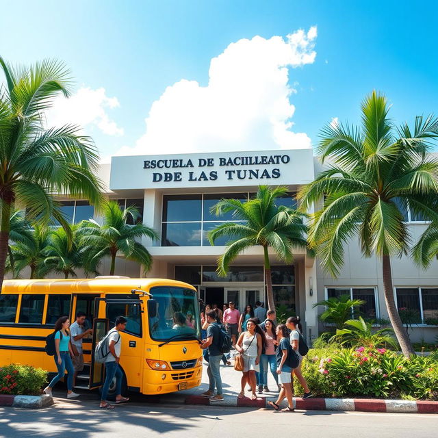 A modern high school building with a sign that reads 'Escuela de Bachillerato de Las Tunas' in a vibrant tropical city setting